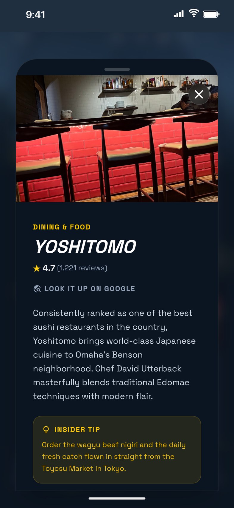 Layoverly venue card with rating, description and insider tip