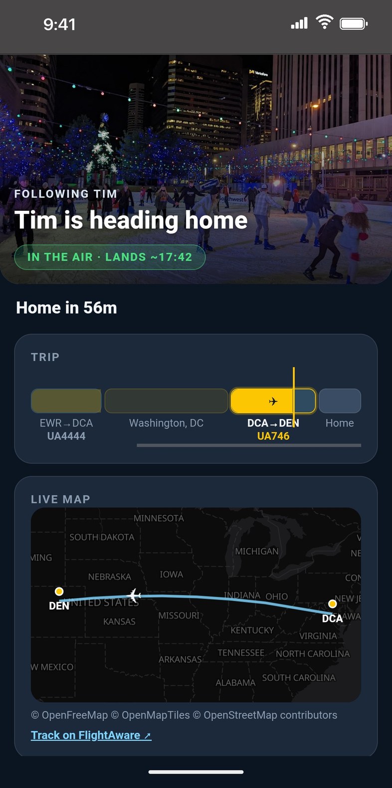 Follow My Trip page showing a crew member heading home with live flight status and map