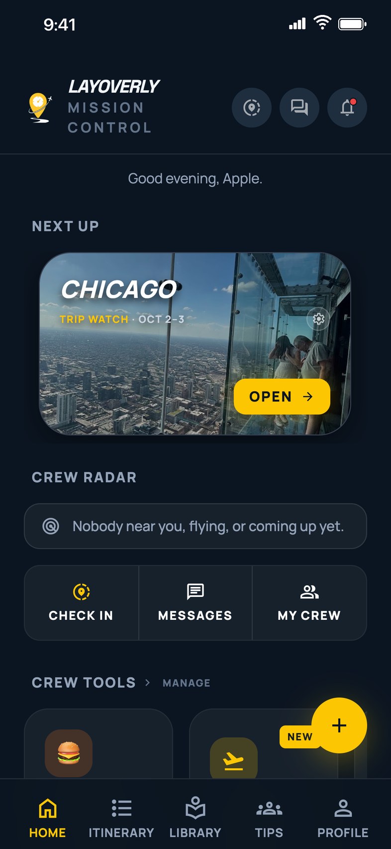 Layoverly Home screen with the next layover and Trip Watch