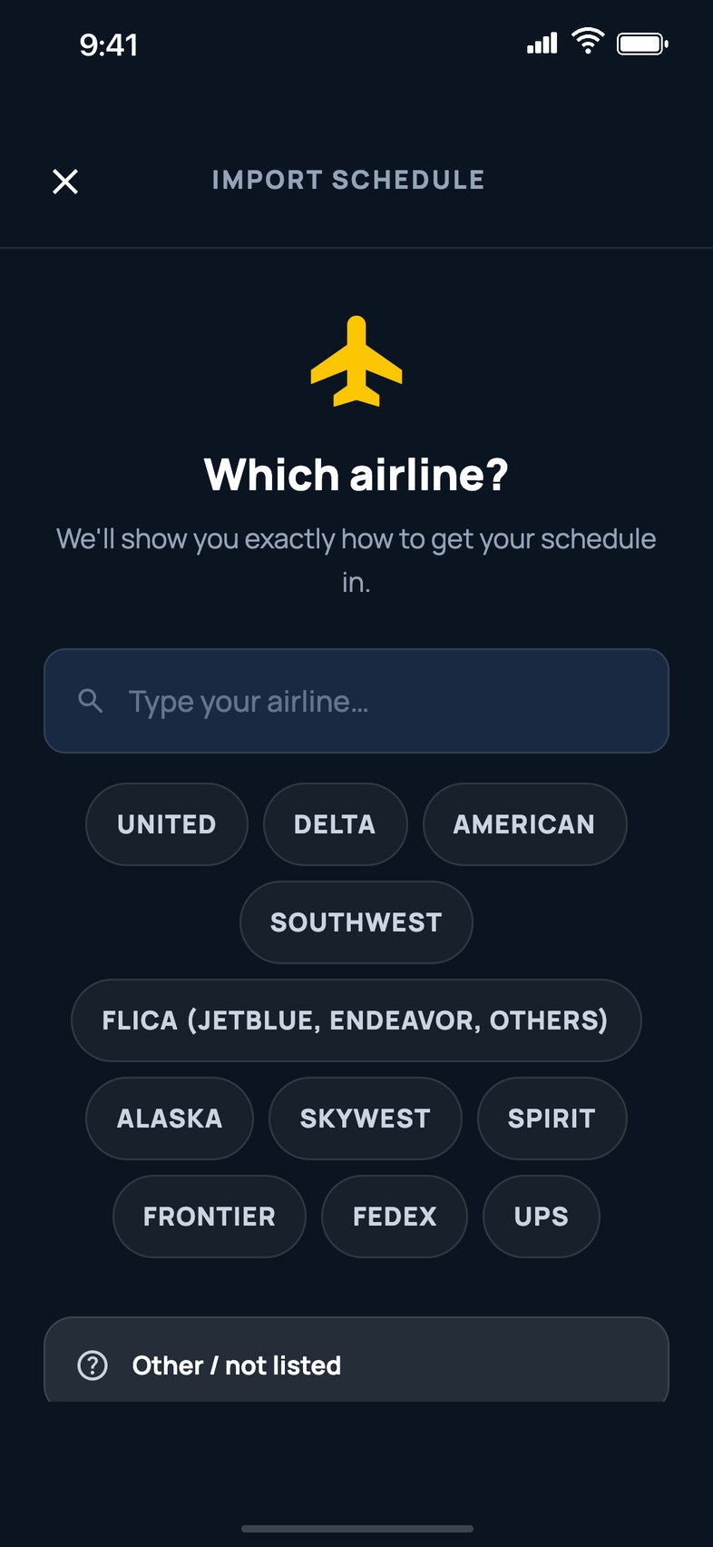 Layoverly schedule import, pick your airline